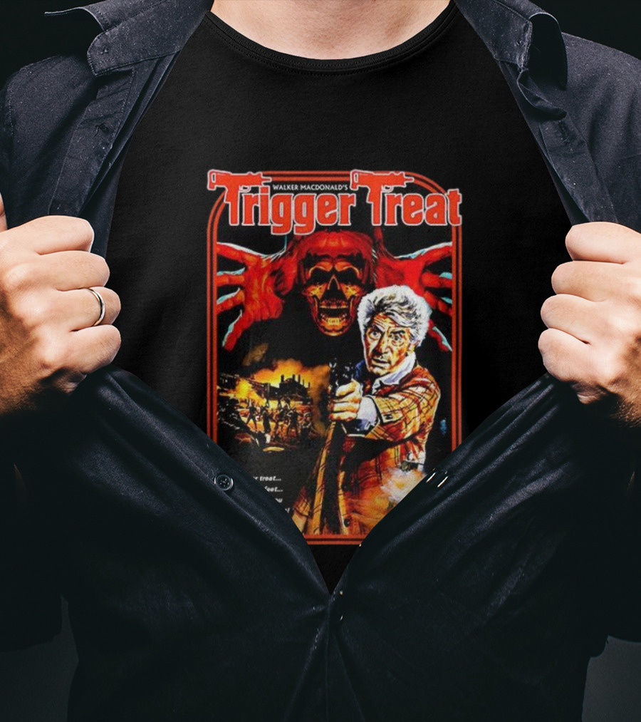 Walker Macdonald’s Trigger Treat Trick Or Treat Horror Skull And Shooter Scene T-Shirt