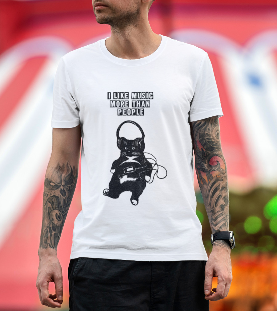 Black Cat With Headphones I Like Music More Than People T-Shirt