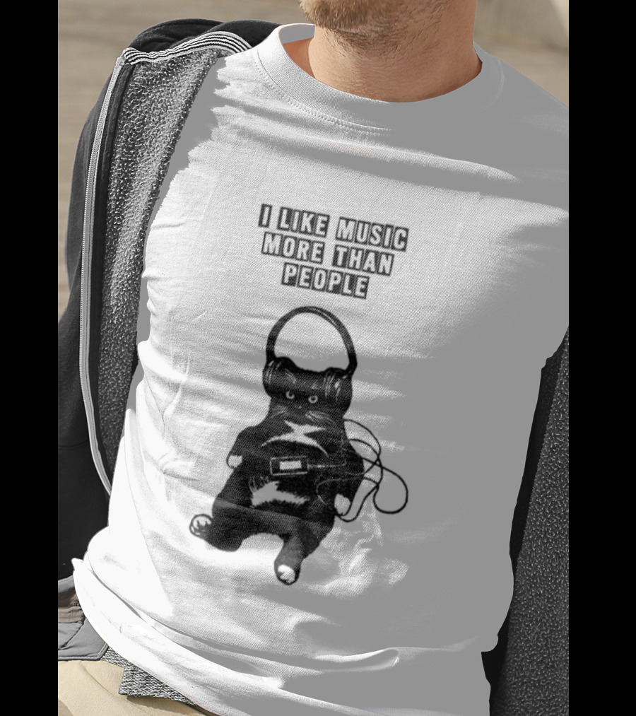 Black Cat With Headphones I Like Music More Than People T-Shirt