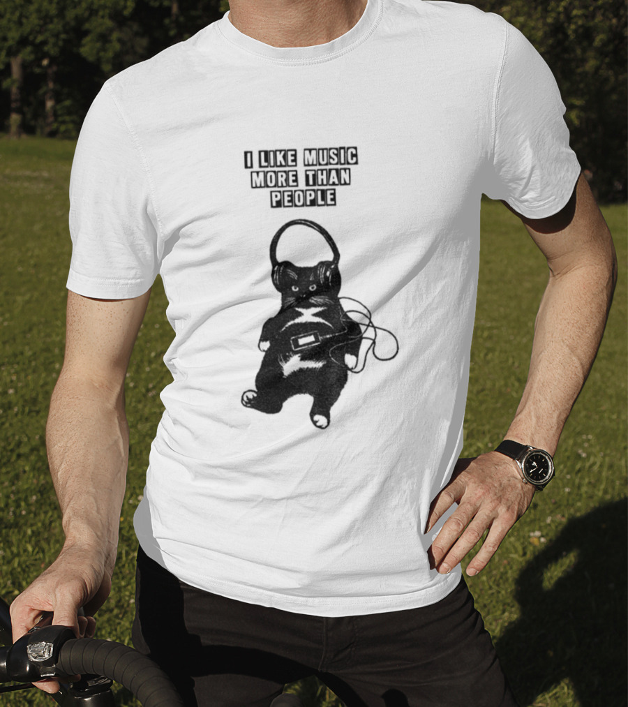 Black Cat With Headphones I Like Music More Than People T-Shirt