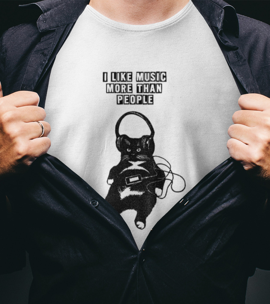 Black Cat With Headphones I Like Music More Than People T-Shirt