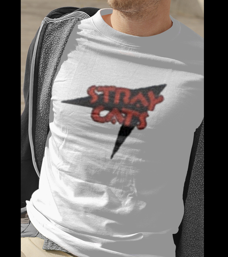 Stray Cats Rockabilly Band Red Text With Black Starburst Background T-Shirt