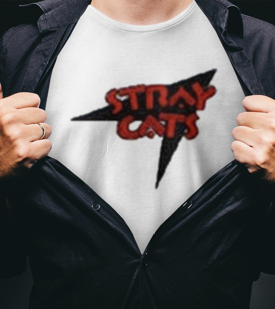 Stray Cats Rockabilly Band Red Text With Black Starburst Background T-Shirt