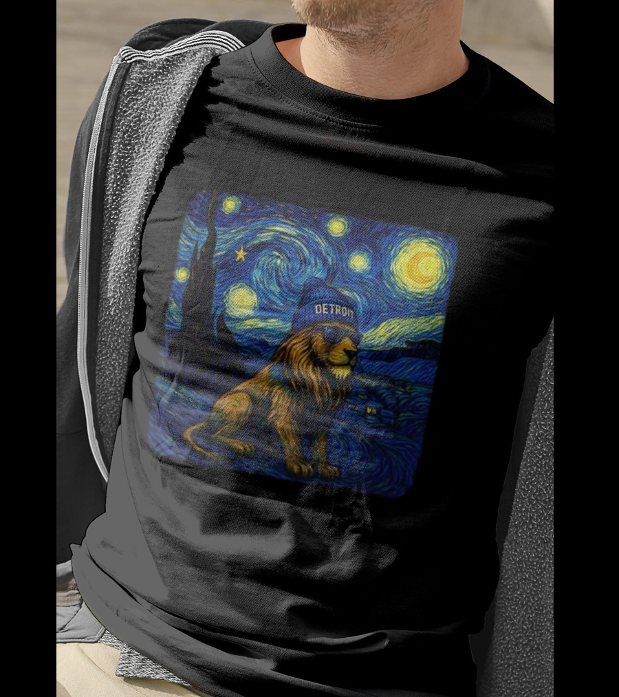 Detroit Lions Starry Night Van Gogh Style Lion With Beanie And Sunglasses T-Shirt