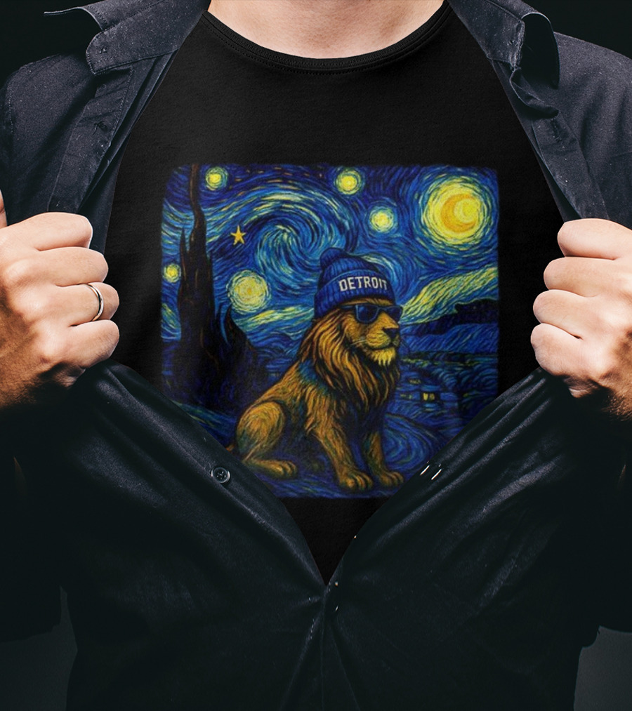 Detroit Lions Starry Night Van Gogh Style Lion With Beanie And Sunglasses T-Shirt