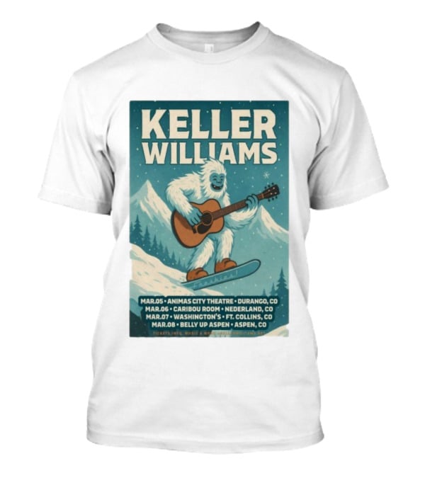 Keller Williams Winter 2026 Tour Guitar Ski Freshies Animas City Durango Caribou Nederland Washington's Fort Collins Belly Up Aspen T-Shirt