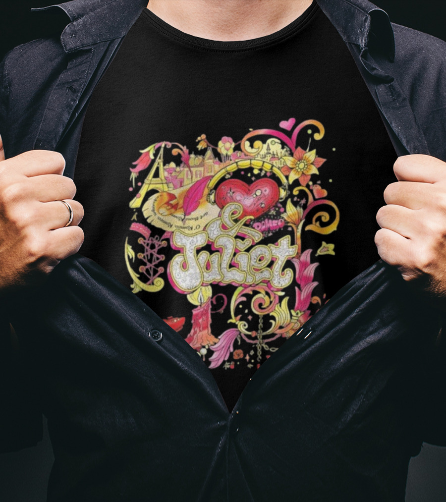 & Juliet Musical Love Hearts Flowers Colorful Art Romeo T-Shirt