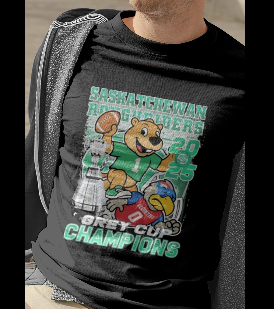 Saskatchewan Roughriders 2025 Grey Cup Champions Trophy Mascot Alouettes T-Shirt