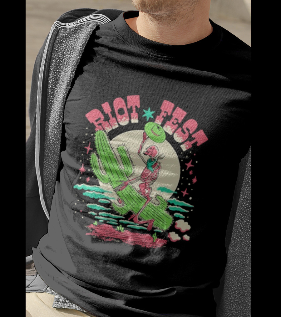 Riot Fest Skeleton Cactus Moon Scene Vintage Style T-Shirt