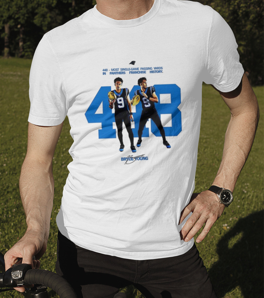 Carolina Panthers Bryce Young 448 Signature Blue Number 9 Football T-Shirt