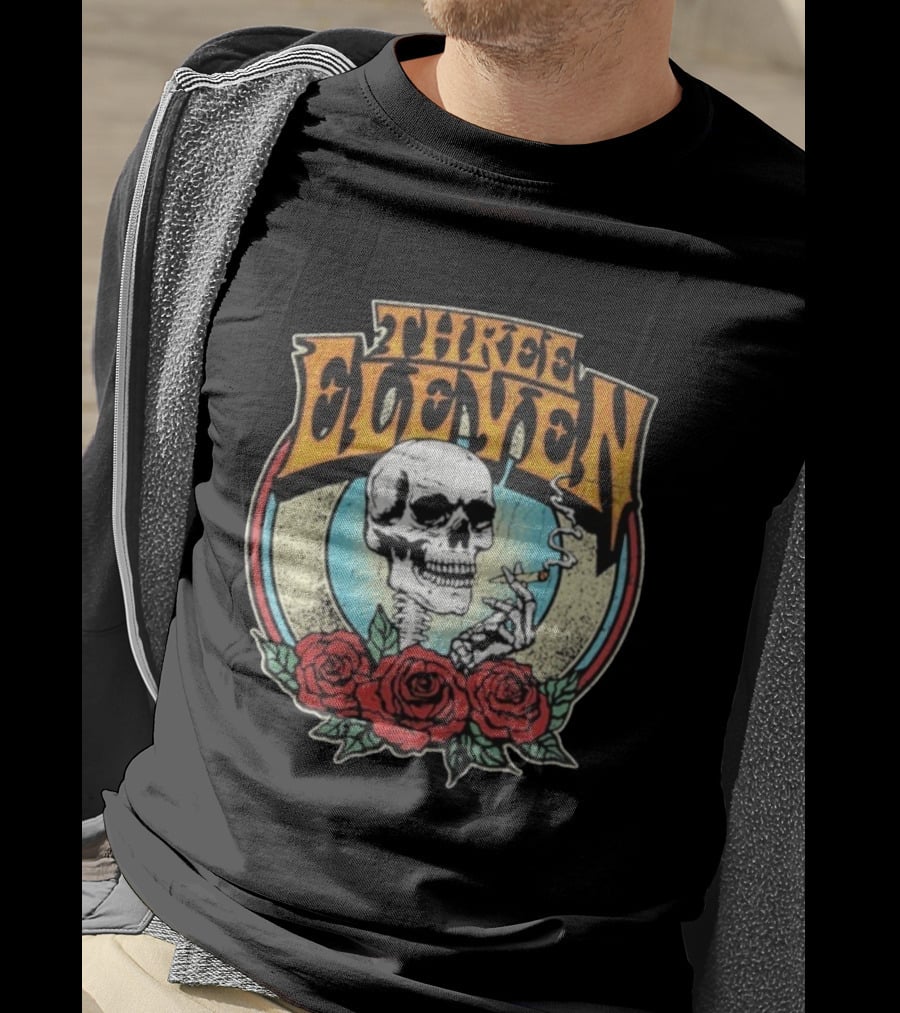 Three Eleven Smoking Skull With Roses Vintage Style T-Shirt