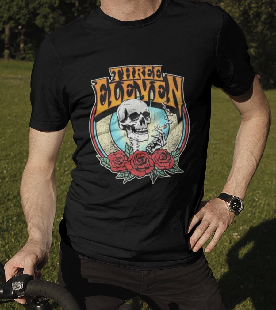 Three Eleven Smoking Skull With Roses Vintage Style T-Shirt