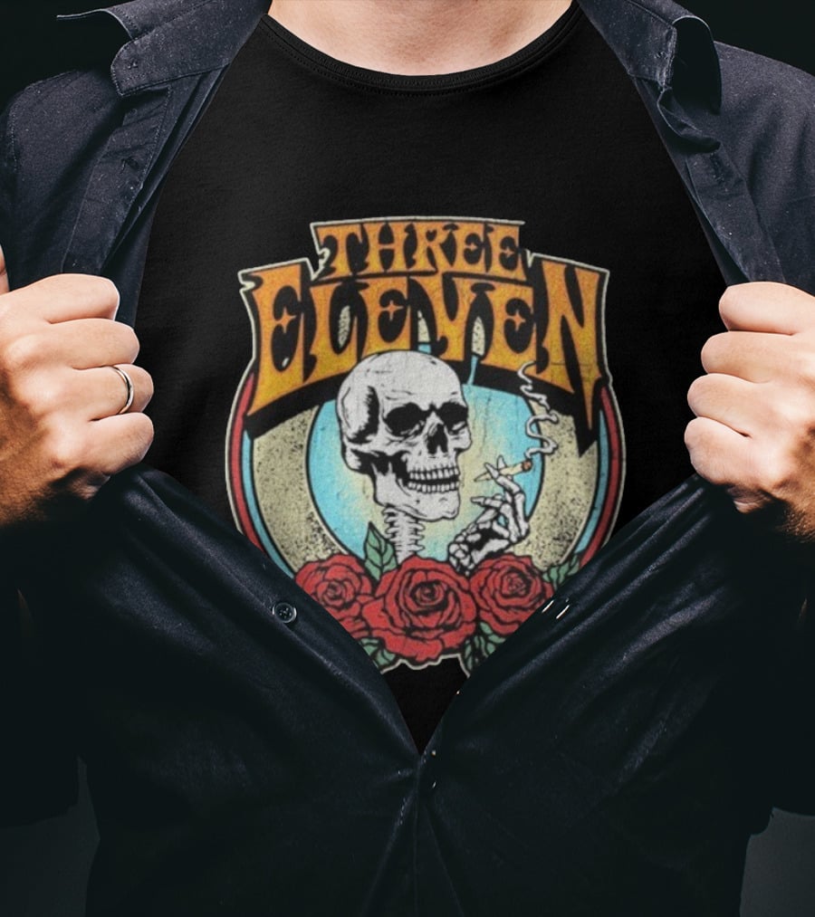 Three Eleven Smoking Skull With Roses Vintage Style T-Shirt