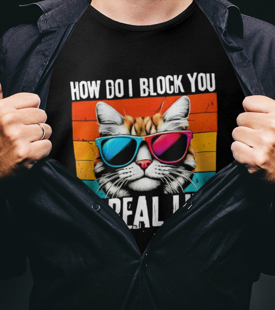 How Do I Block You In Real Life Cat Vintage Sunglasses Retro Stripes T-Shirt