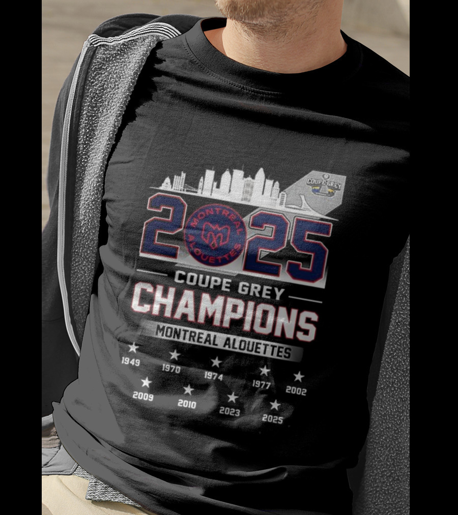 Montreal Alouettes 2025 Coupe Grey Champions City Skyline 1949-2002 T-Shirt