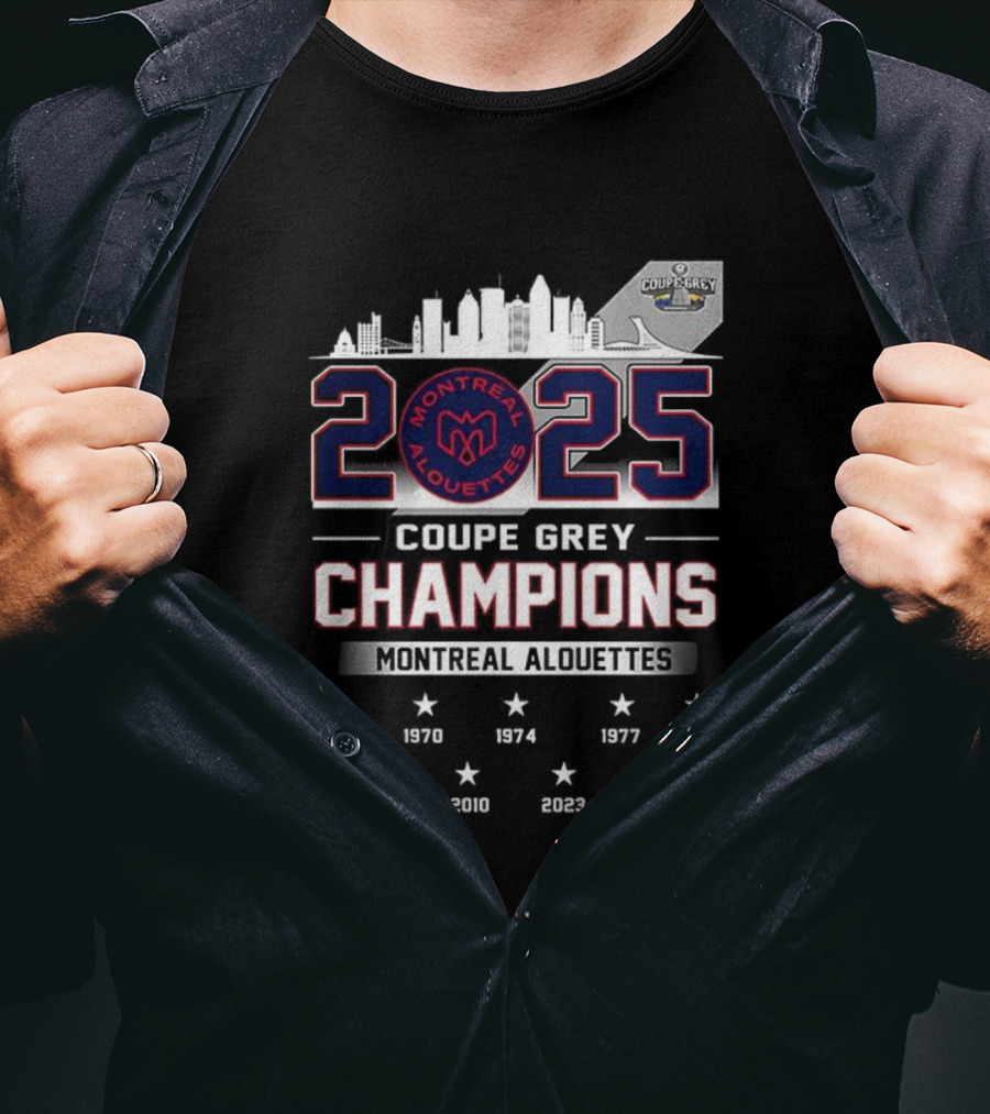 Montreal Alouettes 2025 Coupe Grey Champions City Skyline 1949-2002 T-Shirt