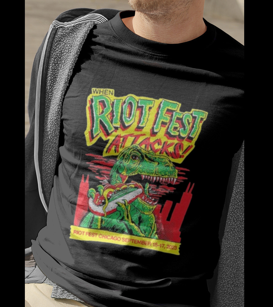 When Riot Fest Attacks Chicago September 15-17 2023 Dinosaur Hot Dog Skyline T-Shirt