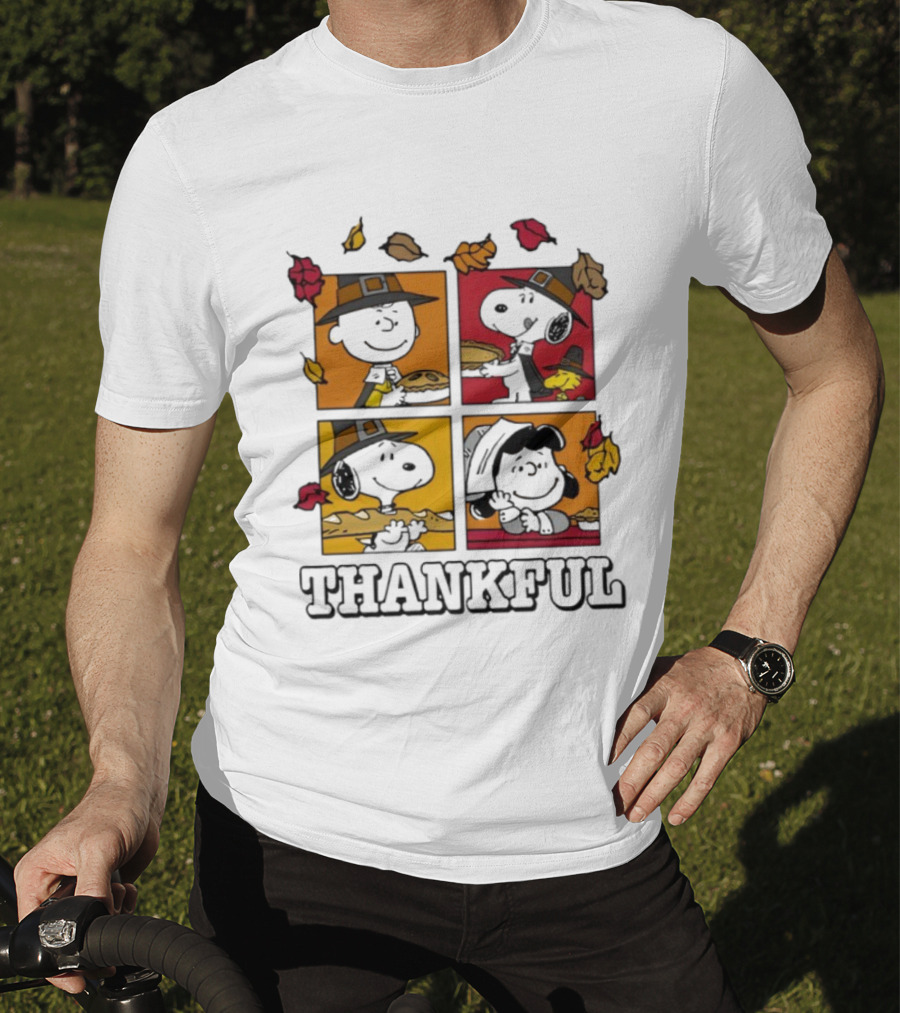 Snoopy Pilgrim Thanksgiving Thankful Leaves And Pie T-Shirt