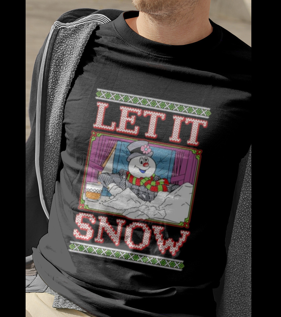 Let It Snow Christmas Snowman With Snow And Drink Scene T-Shirt