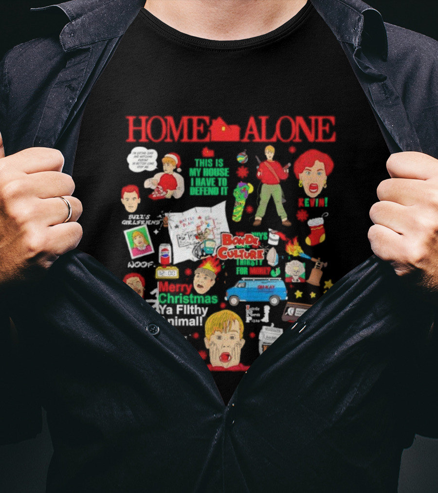 Home Alone Merry Christmas Ya Filthy Animal Buzz's Tarantula Booby Traps Harry Marv 90s Movie Pizza Pepsi T-Shirt