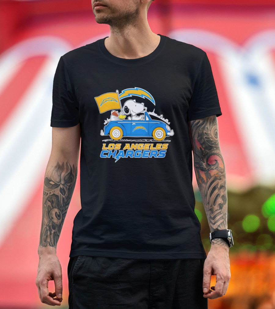 Los Angeles Chargers Snoopy Woodstock Driving Car Peanuts NFL Logo T-Shirt