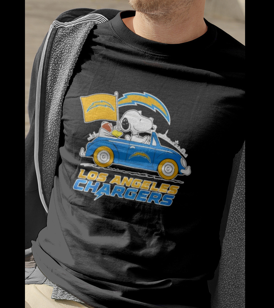 Los Angeles Chargers Snoopy Woodstock Driving Car Peanuts NFL Logo T-Shirt