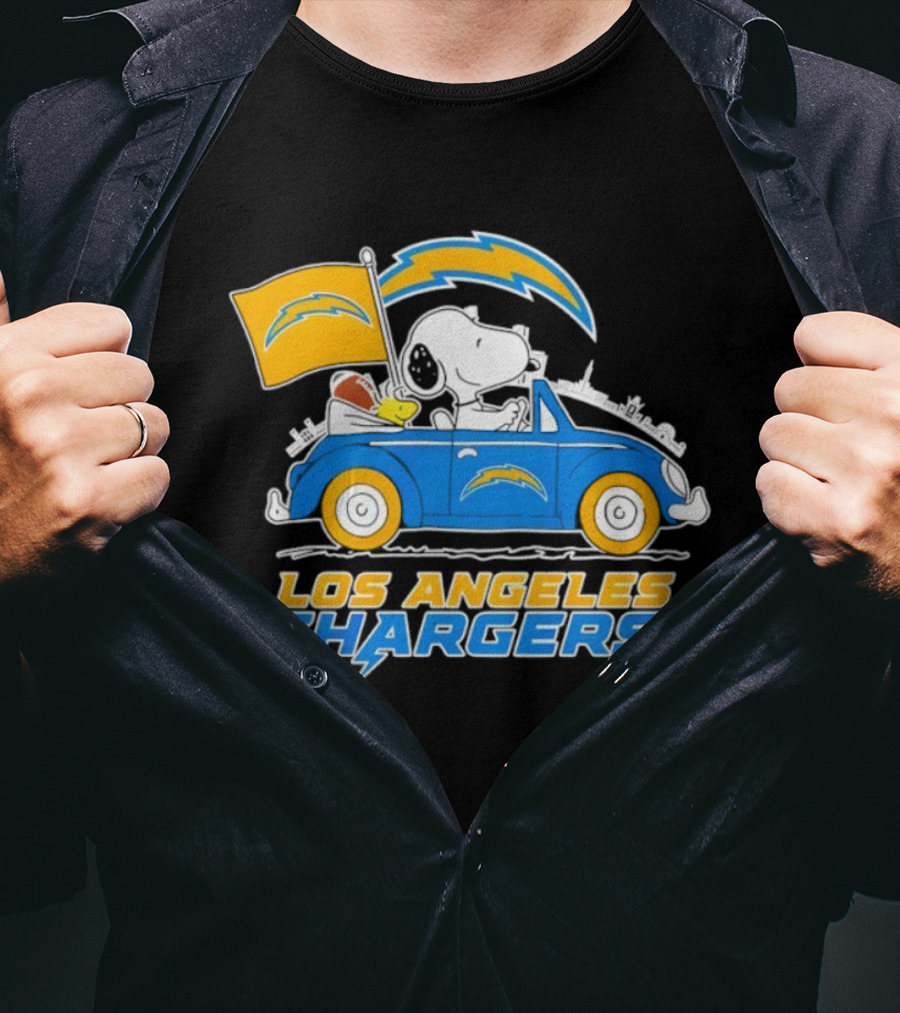 Los Angeles Chargers Snoopy Woodstock Driving Car Peanuts NFL Logo T-Shirt