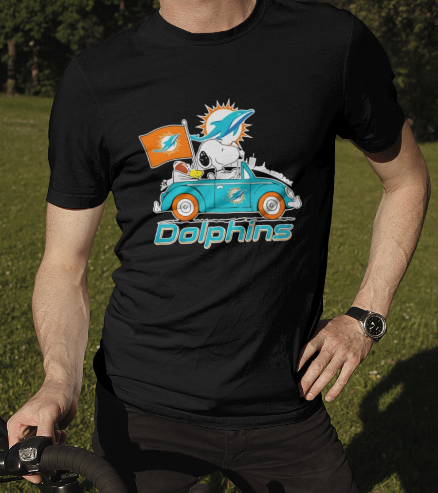 Miami Dolphins Snoopy Woodstock Driving With Flag And Logo T-Shirt