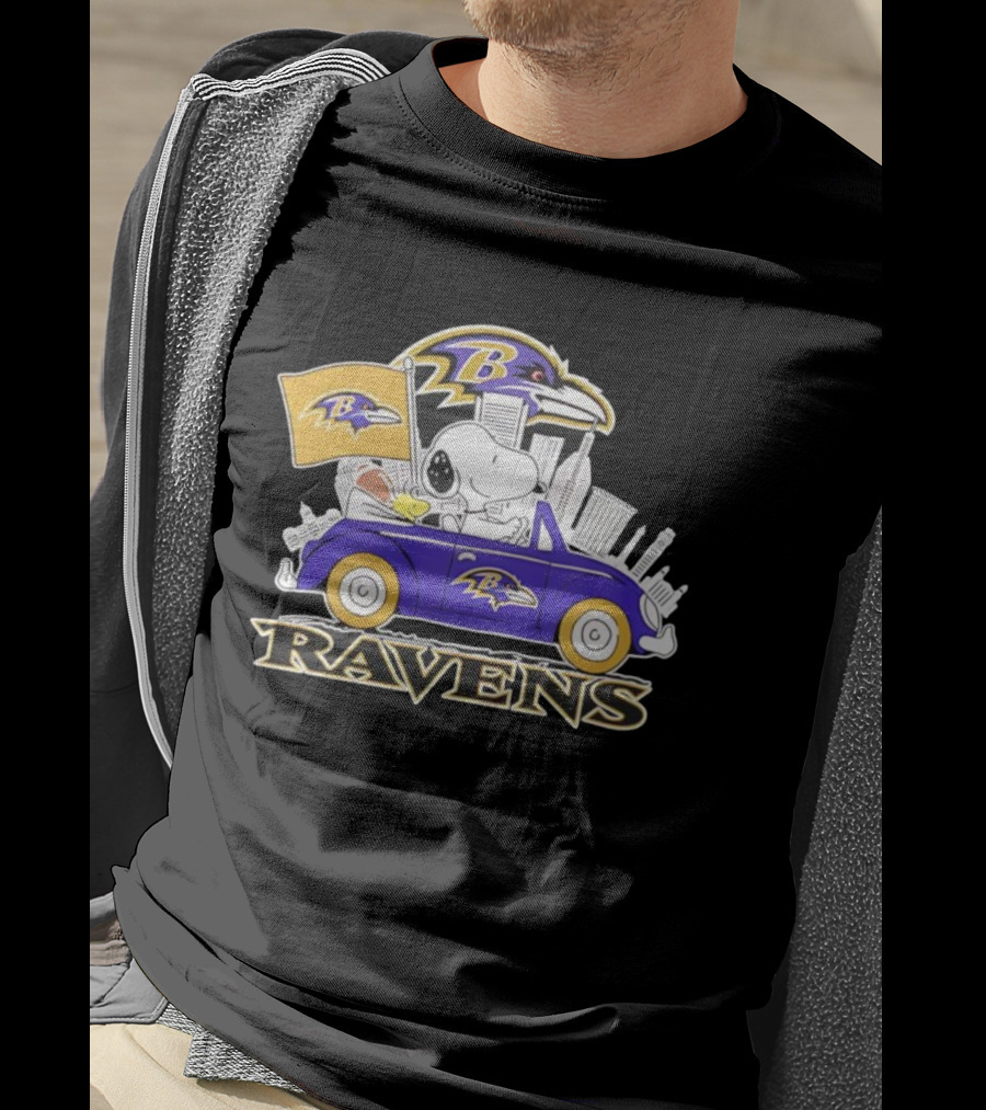 Snoopy Driving Baltimore Ravens Car Peanuts Collaboration With Flag And Raven Logo T-Shirt