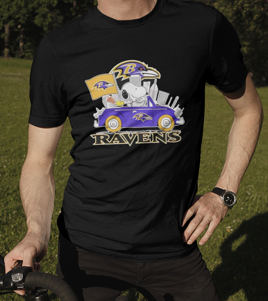 Snoopy Driving Baltimore Ravens Car Peanuts Collaboration With Flag And Raven Logo T-Shirt