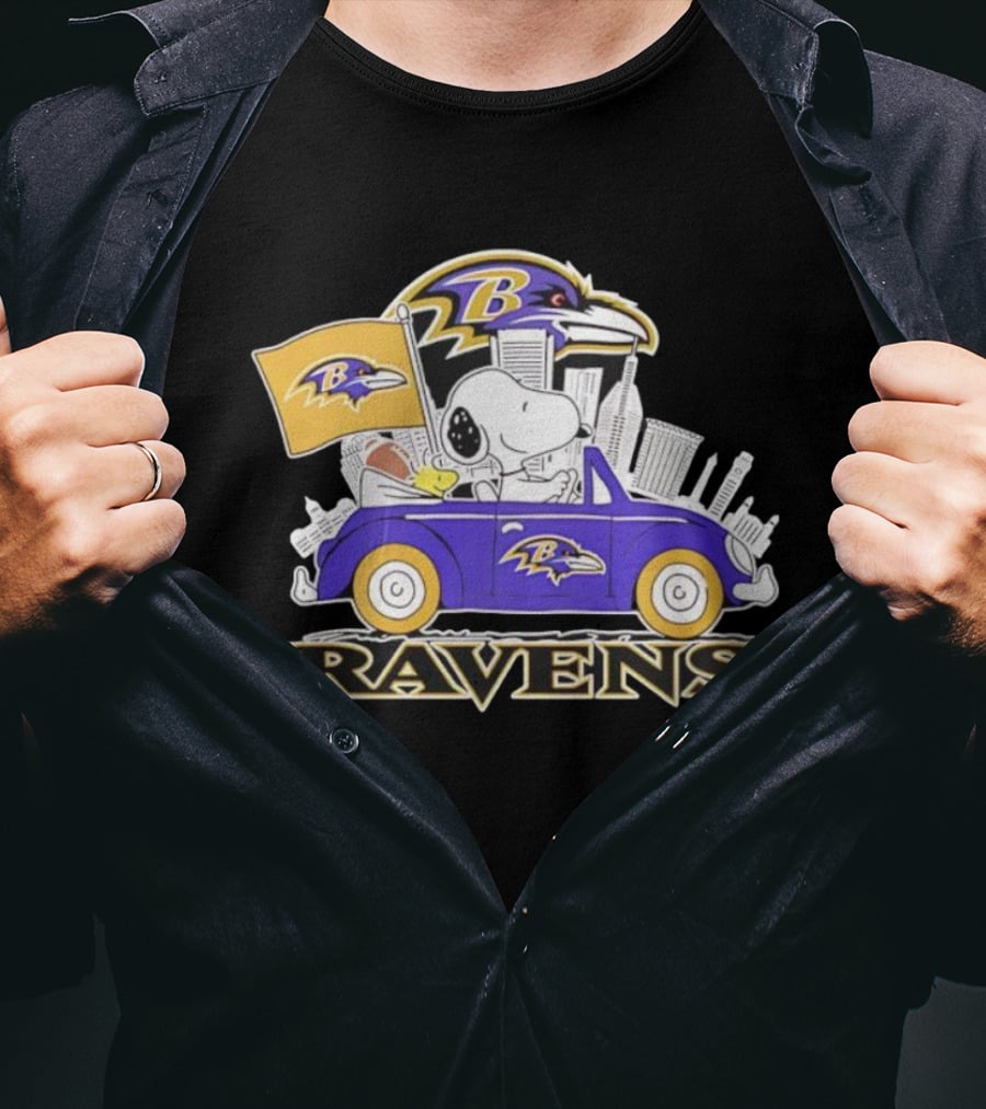 Snoopy Driving Baltimore Ravens Car Peanuts Collaboration With Flag And Raven Logo T-Shirt