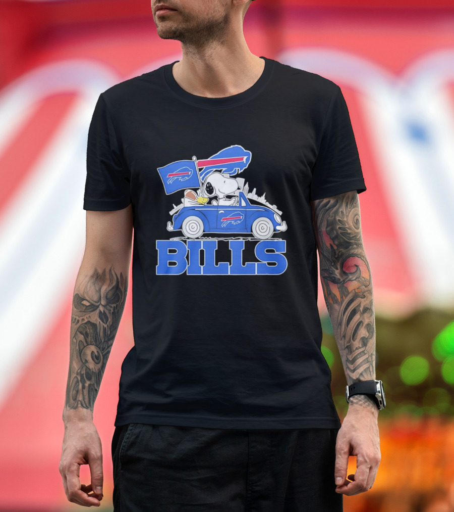 Peanuts Buffalo Bills Driving Car With Flag And Football T-Shirt