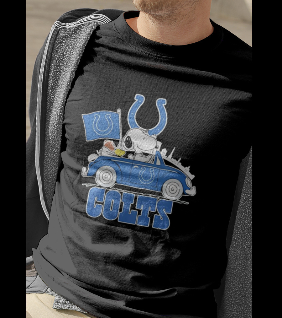 Peanuts Indianapolis Colts Snoopy Driving Car With Mascot Flag T-Shirt