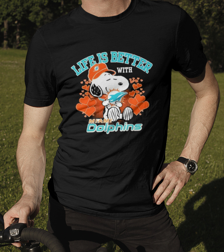 Snoopy Life Is Better With Miami Dolphins Hearts And Cap T-Shirt