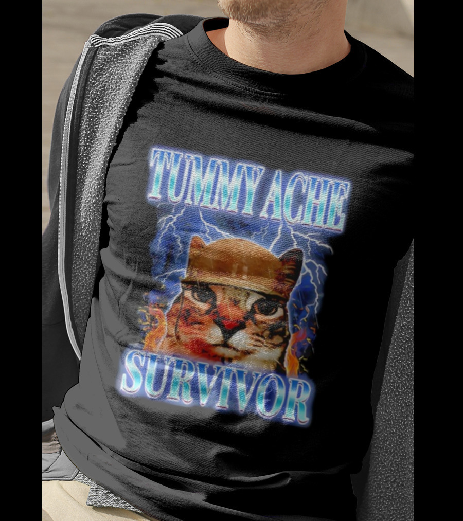 Tummy Ache Survivor Cat Meme Lightning Background T-Shirt