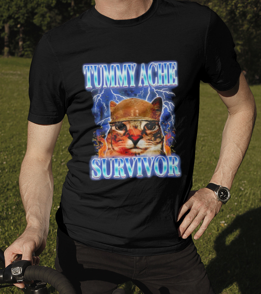 Tummy Ache Survivor Cat Meme Lightning Background T-Shirt