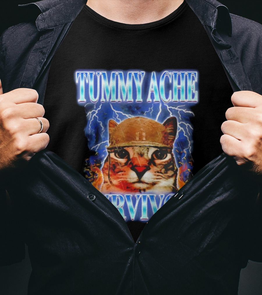 Tummy Ache Survivor Cat Meme Lightning Background T-Shirt