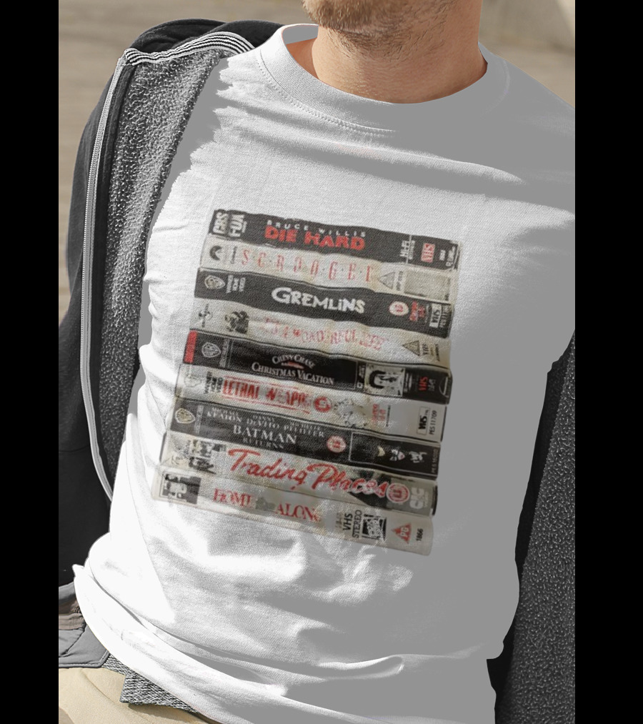 Die Hard Scrooged Gremlins Wonderful Life Christmas Vacation Lethal Weapon Batman Trading Places Home Alone VHS Stack T-Shirt