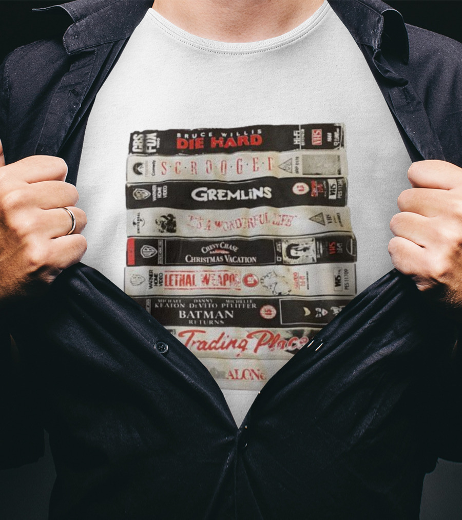 Die Hard Scrooged Gremlins Wonderful Life Christmas Vacation Lethal Weapon Batman Trading Places Home Alone VHS Stack T-Shirt