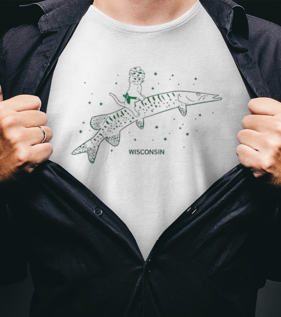 Gary Cat Riding Musky Wisconsin Stars T-Shirt
