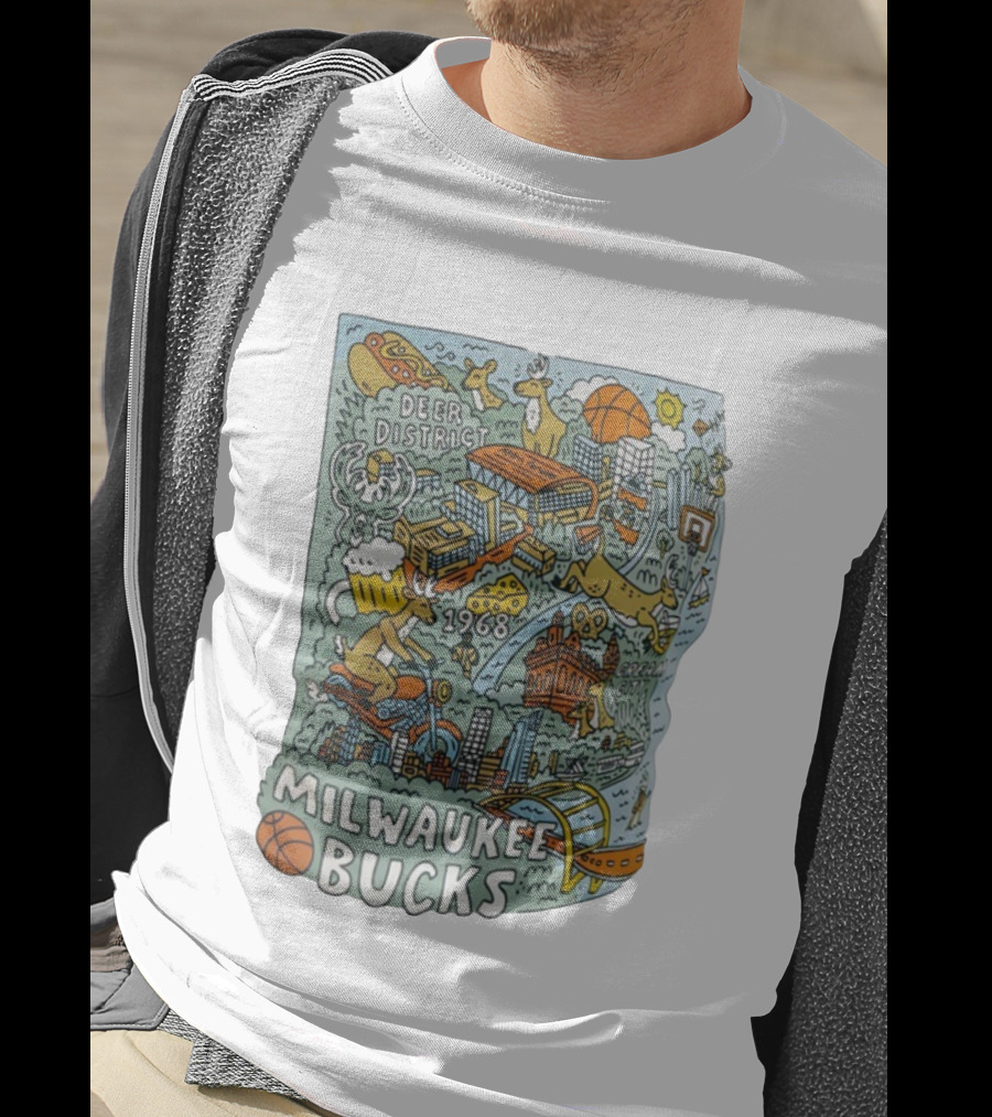 Milwaukee Bucks 1968 Deer District Basketball Cityscape 2025 26 Marvell T-Shirt