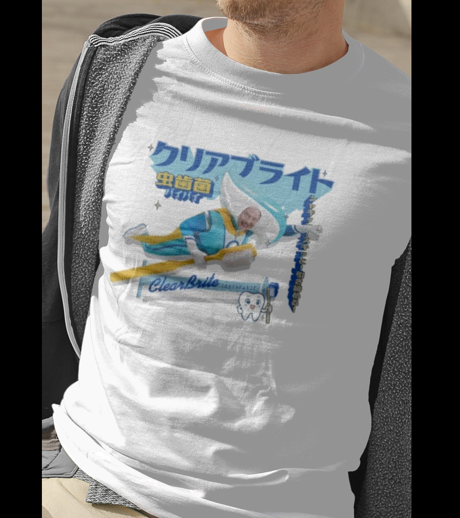 Clearbrite Toothpaste Flying Hero With Toothbrush And Japanese Text T-Shirt