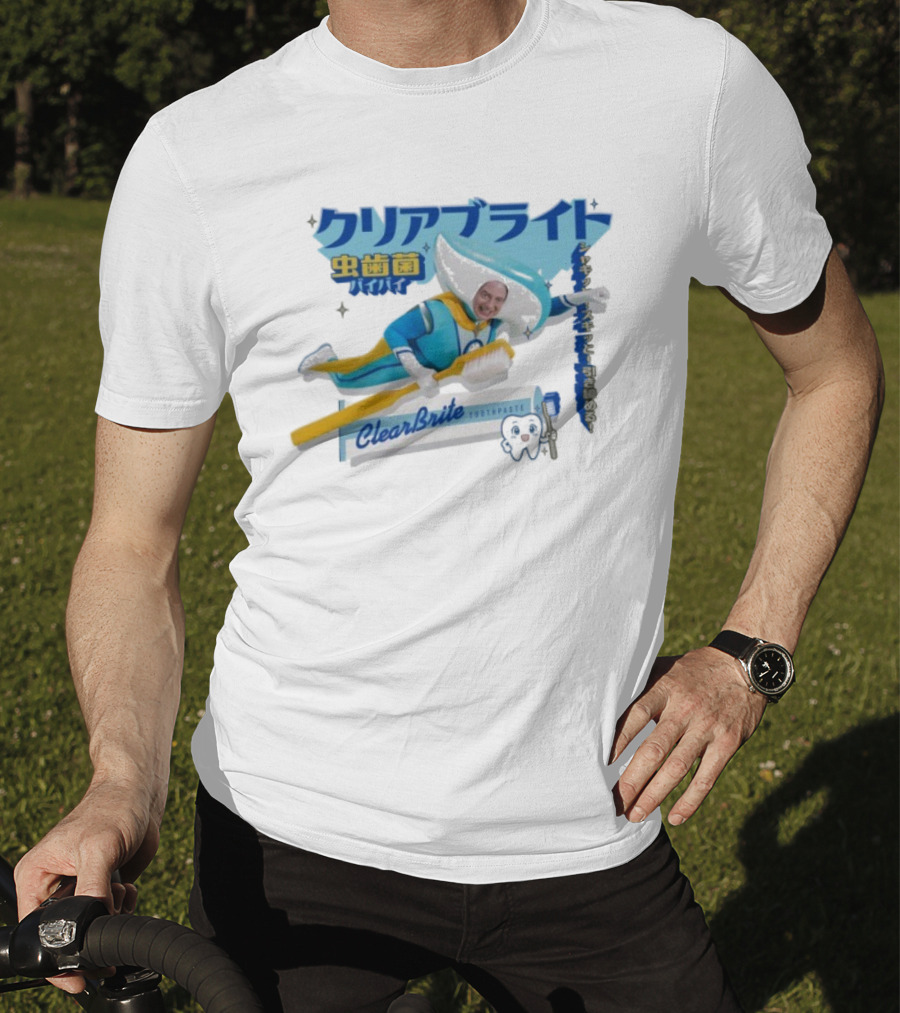 Clearbrite Toothpaste Flying Hero With Toothbrush And Japanese Text T-Shirt