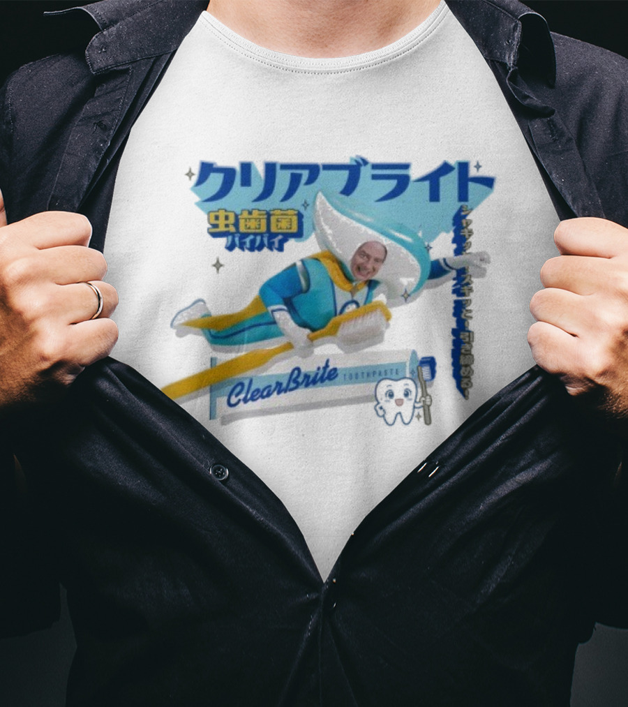 Clearbrite Toothpaste Flying Hero With Toothbrush And Japanese Text T-Shirt