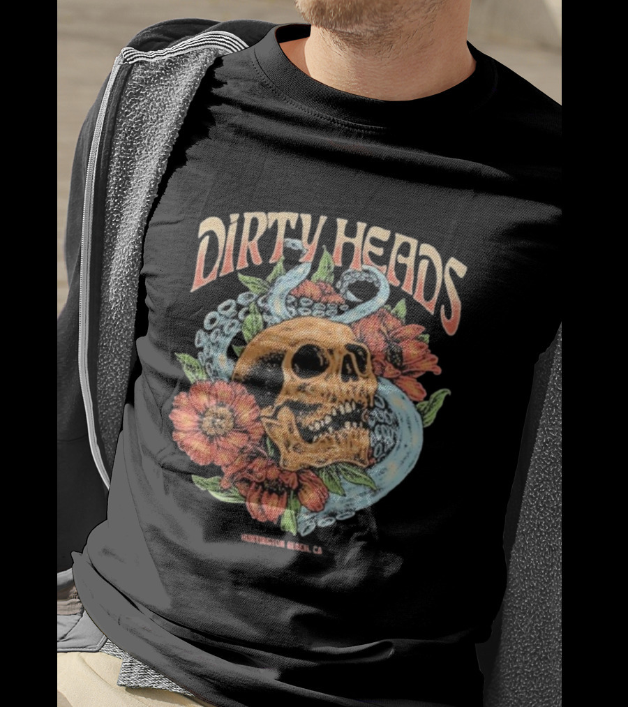 Dirty Heads Huntington Beach CA Skull Octopus Floral T-Shirt