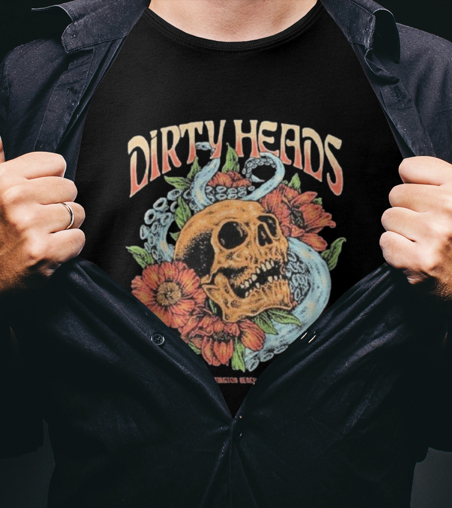 Dirty Heads Huntington Beach CA Skull Octopus Floral T-Shirt