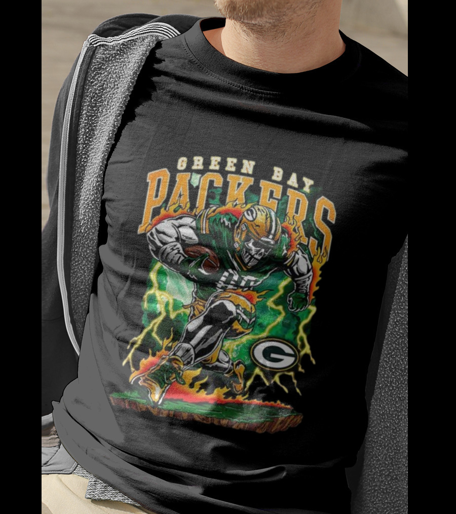 Green Bay Packers Skeleton Player Football Lightning Burst T-Shirt