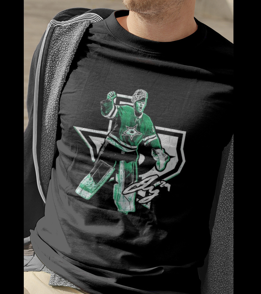 Jake Oettinger Dallas Stars NHL Texas Goalie Iconic Green White Gear T-Shirt