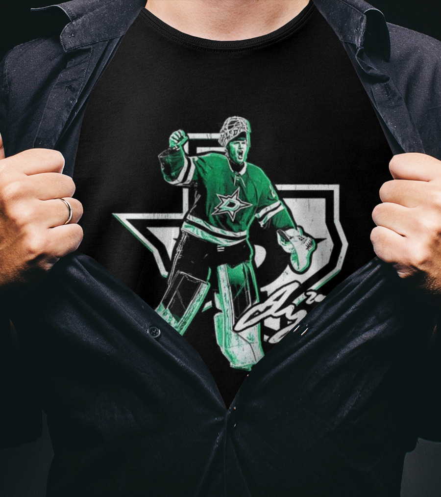 Jake Oettinger Dallas Stars NHL Texas Goalie Iconic Green White Gear T-Shirt