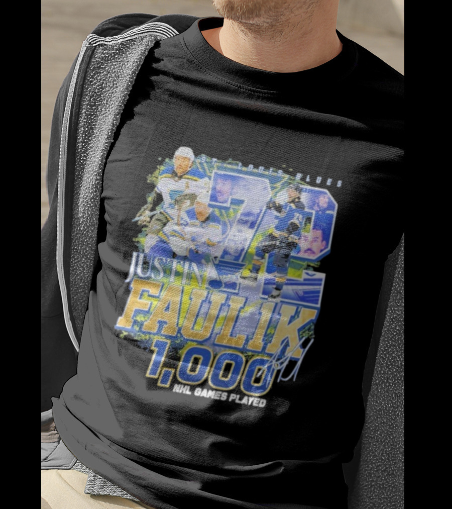 St. Louis Blues Justin Faulk 72 1000 NHL Games Played Signature T-Shirt